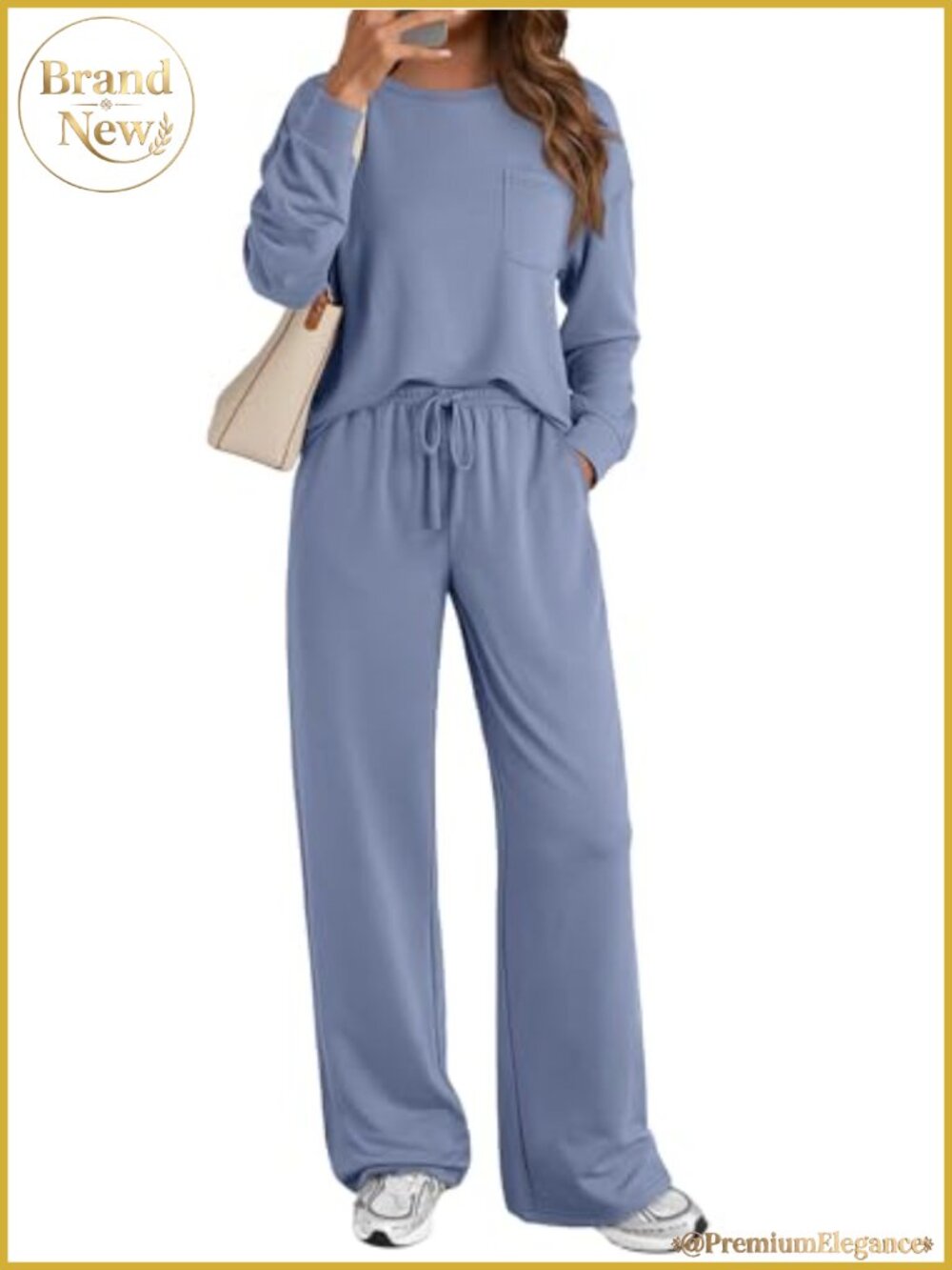 2 Piece Lounge Set Long Sleeve Sweatsuit Wide Leg Pants Pockets Drawstring
